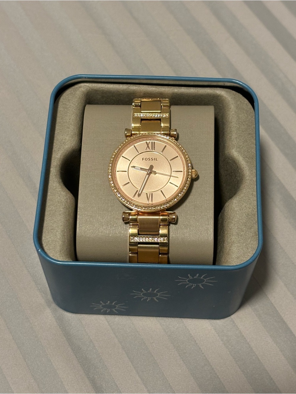 Fossil Gold-Tone Women’s Watch with Rose Dial and Crystal Accents